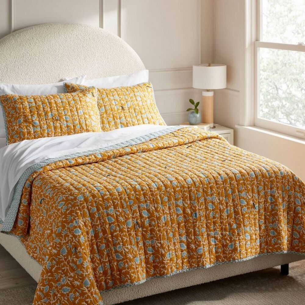 King Earthy Vines Quilt Mustard Yellow/Teal Blue - Mustard Yellow/Teal Blue - Picture 2 of 3